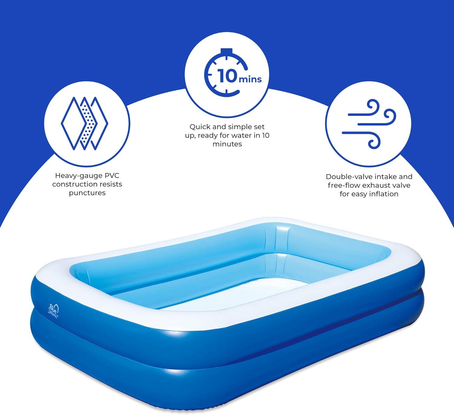 Blue and White Rectangular Inflatable Family Pool with Cover