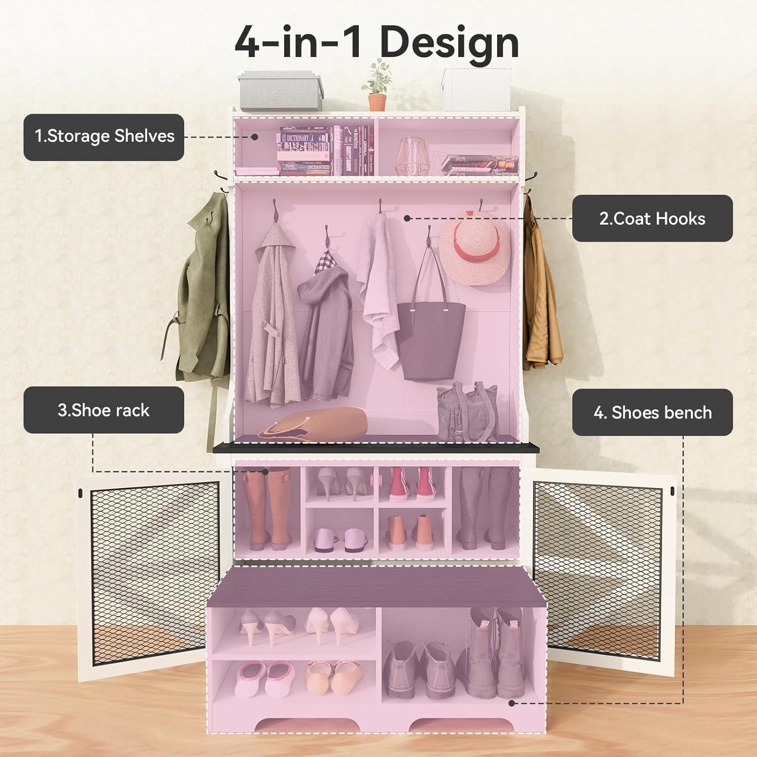 Hall Tree with Removable Bench and Shoe Storage, 77" H Entryway Coat Rack Freestanding with 9 Shoe Cubbies and 7 Coat Hooks, Farmhouse Wooden Style Mudroom Bench Storage Cabinet, White