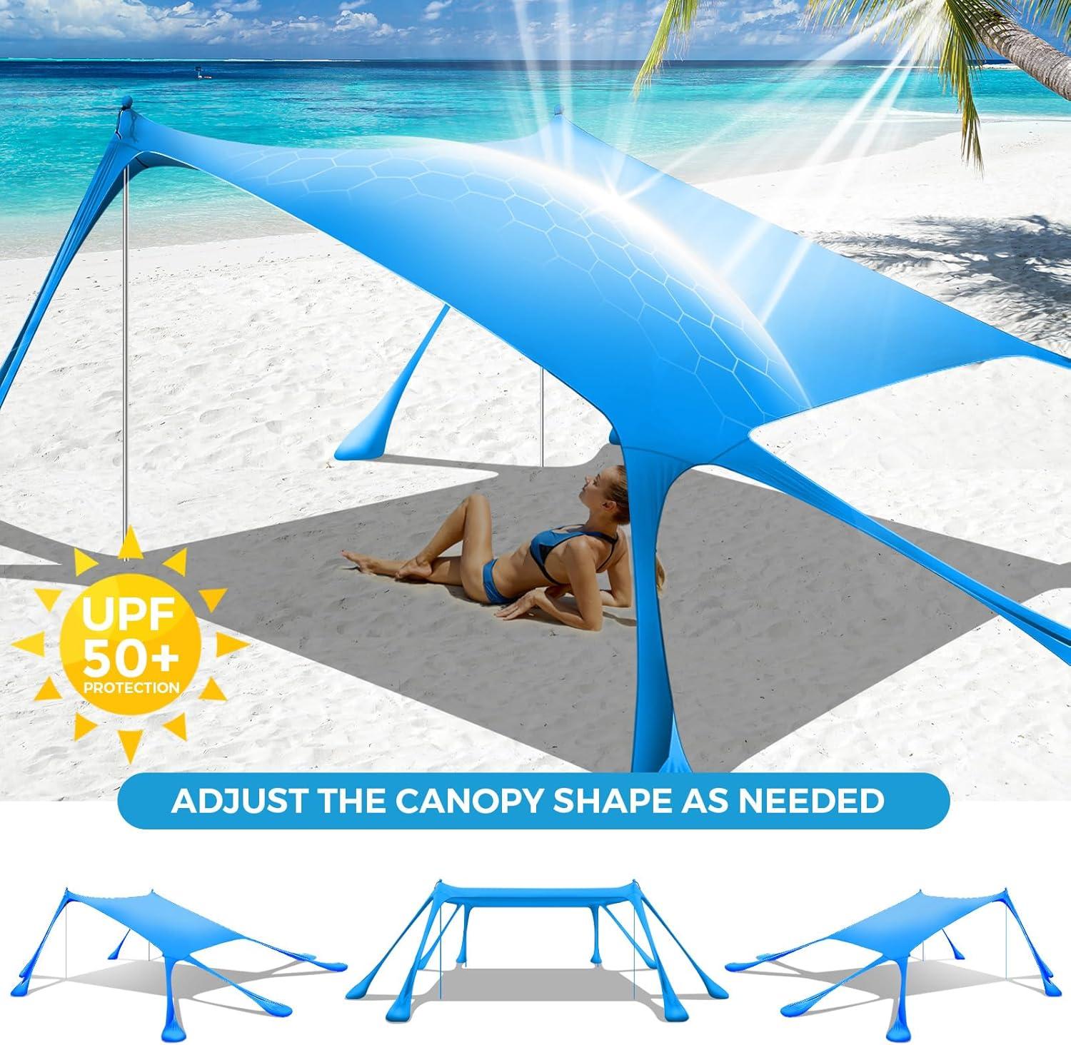 Beach Canopy Beach Tent Pop Up Shade 10x10ft Sun Shelter UPF50+ with 8 Sandbags-2 Sand Shovel-4 Aluminum Poles-Ground Pegs-Portable Carrying Bag for Outdoor Family Camping Fishing Yard Picnic