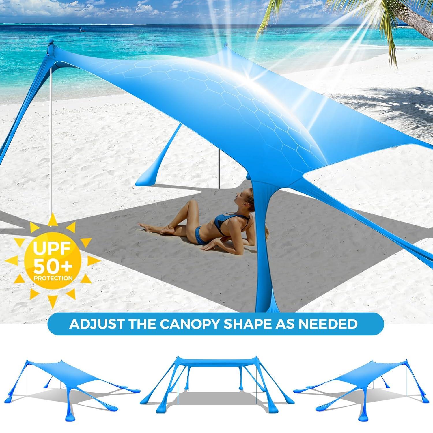 Beach Canopy Beach Tent Pop Up Shade 10x10ft Sun Shelter UPF50+ with 8 Sandbags-2 Sand Shovel-4 Aluminum Poles-Ground Pegs-Portable Carrying Bag for Outdoor Family Camping Fishing Yard Picnic