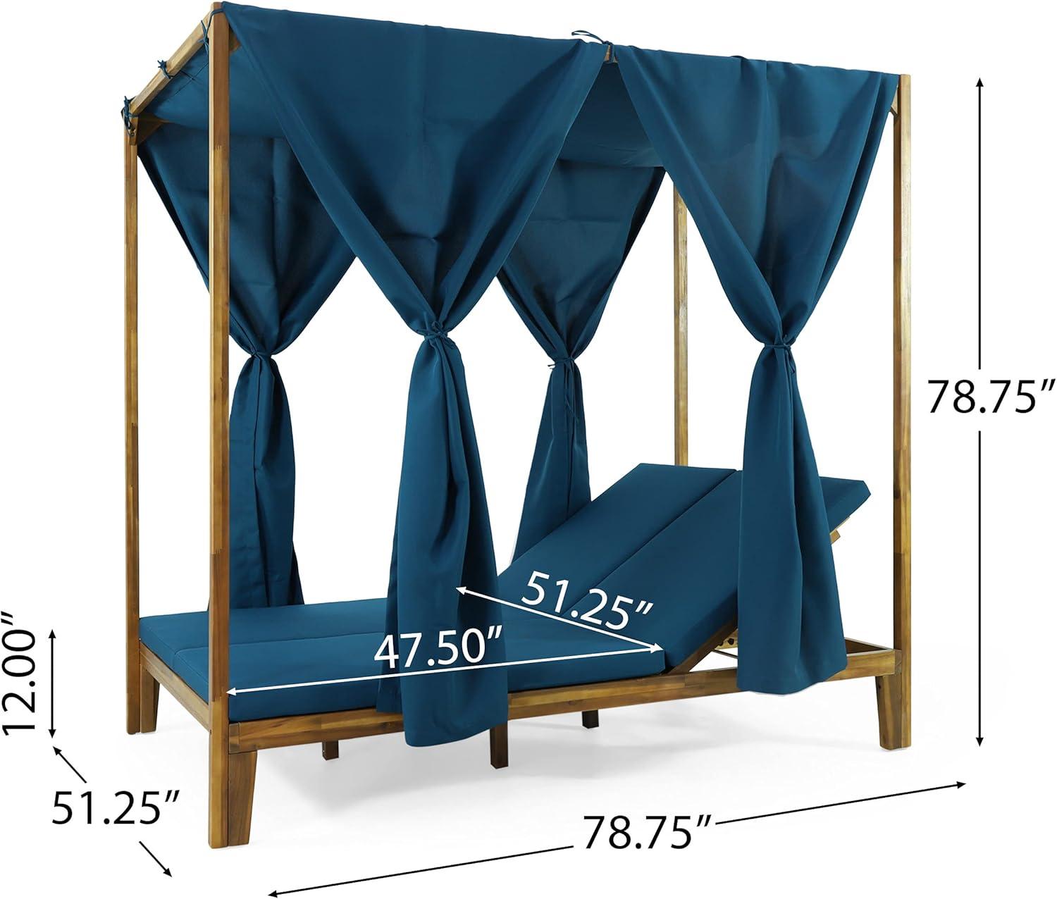 Christopher Knight Home Kinzie Outdoor 2-seat Adjustable Acacia Daybed w/ Curtains by  - 51.25" L x 78.75" W x 78.75" H Teak + Blue