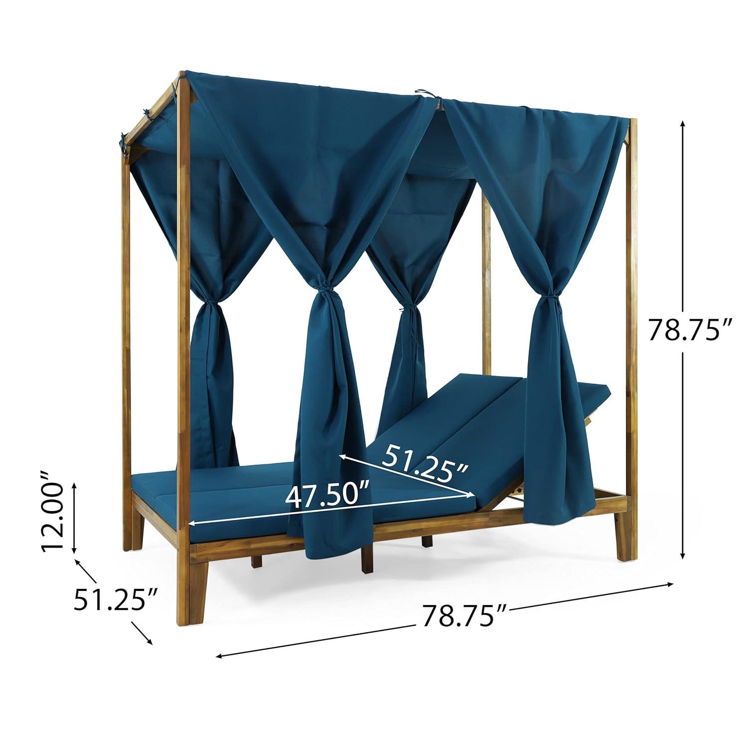 Christopher Knight Home Kinzie Outdoor 2-seat Adjustable Acacia Daybed w/ Curtains by  - 51.25" L x 78.75" W x 78.75" H Teak + Blue