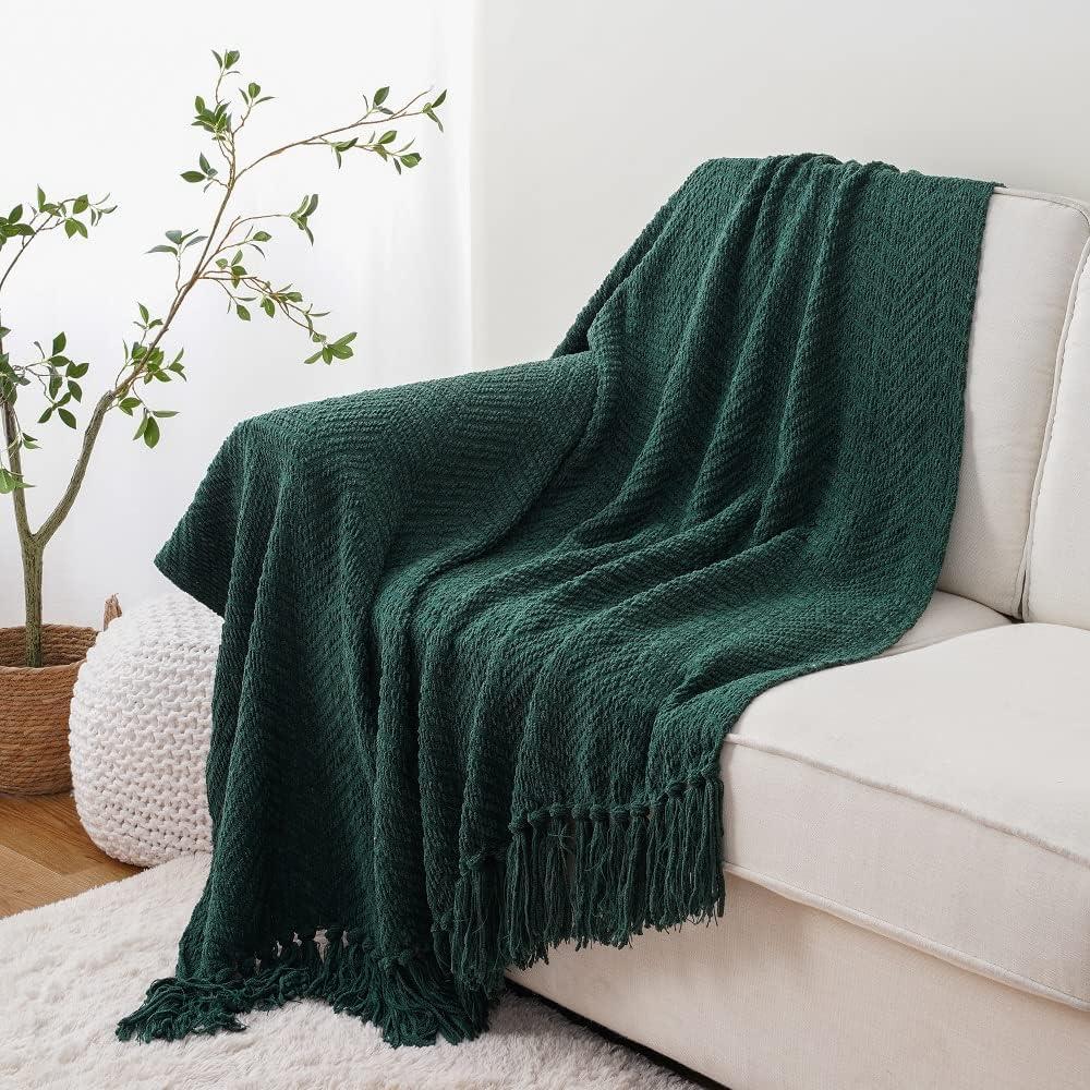 Battilo Forest Green Throw Blanket,Herringbone Knit Christmas Throw, Housewarming Gifts,50" x 60"