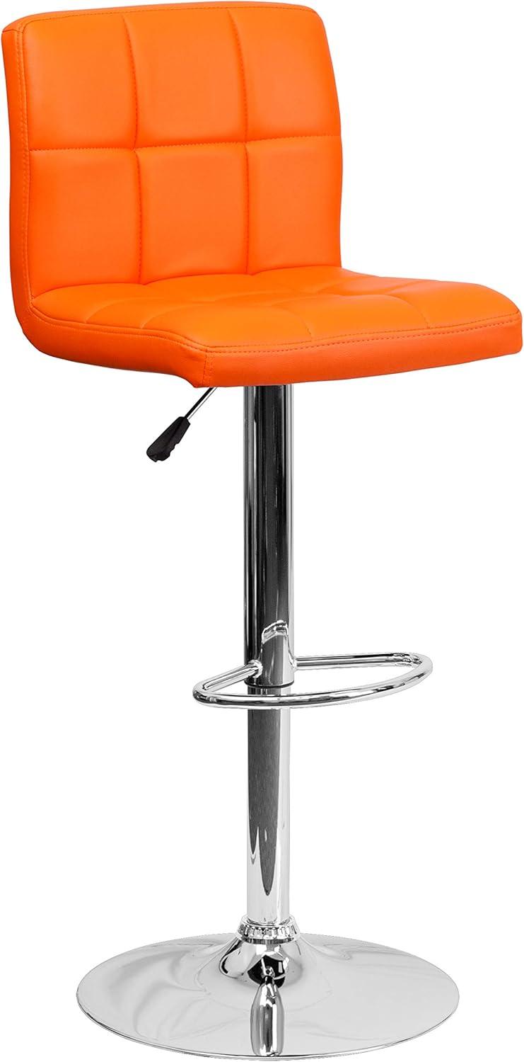 Orange Quilted Vinyl Adjustable Height Swivel Barstool with Chrome Base