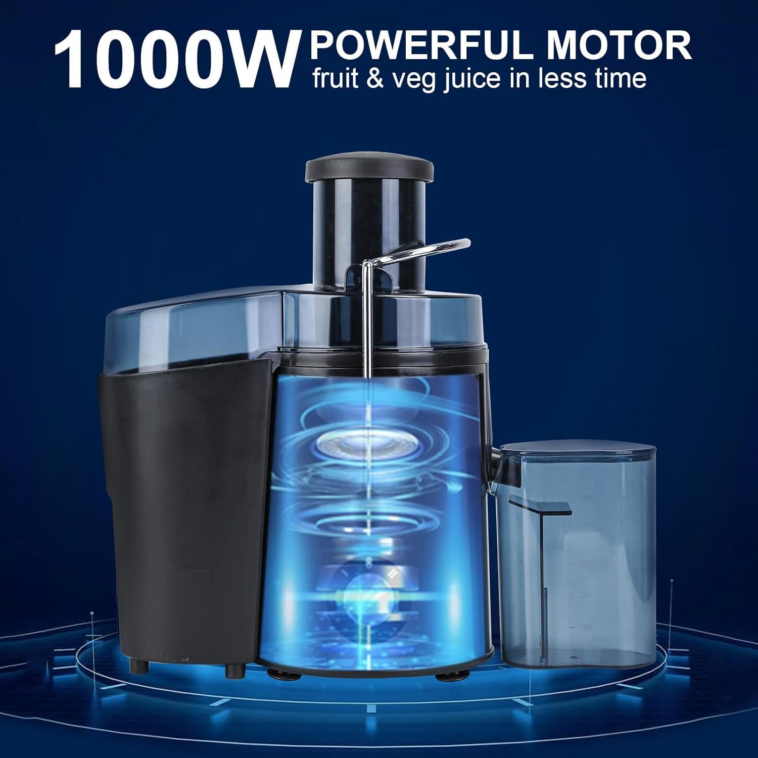 Centrifugal Juicer Machine, TeqHome 1000W 2 Speeds Stainless Steel Electric Centrifugal Juicer Extractor with 2.6in Wide Mouth Feed Chute for Fruit Pulp Vegetable, Easy to Clean Black+Blue