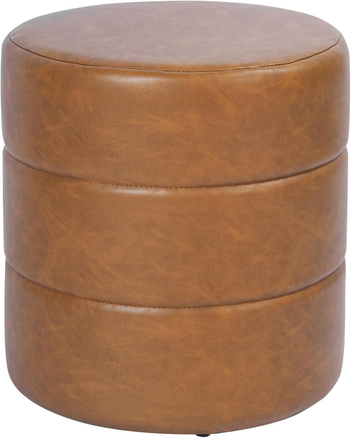 Round Upholstered Ottoman Caramel Faux Leather - HomePop: Channel Tufted, No Assembly Required