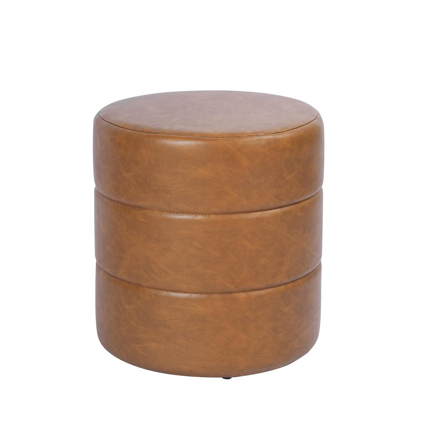 Round Upholstered Ottoman Caramel Faux Leather - HomePop: Channel Tufted, No Assembly Required