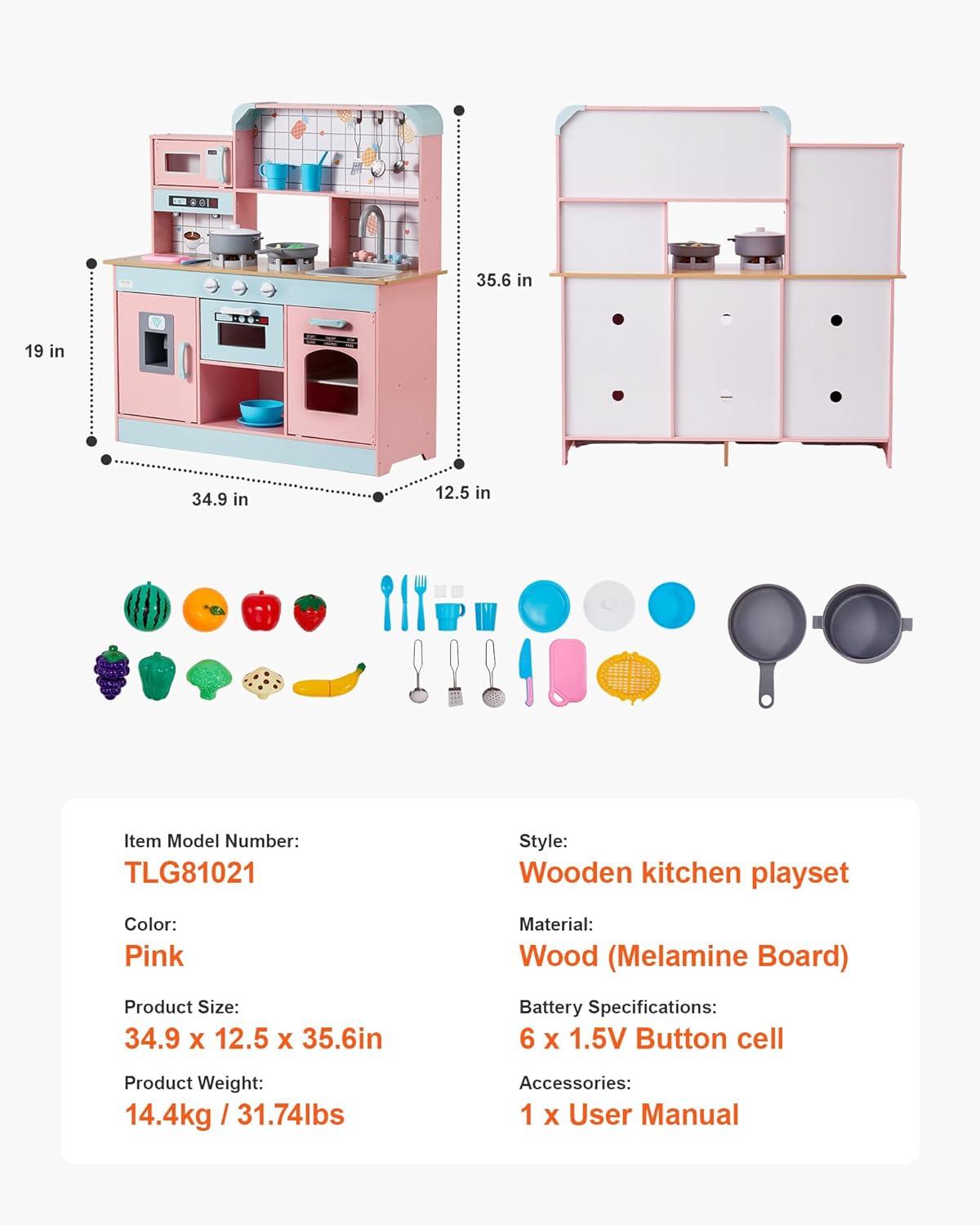 VEVOR Play Kitchen for Kids, Wooden Toy Kitchen Set with Lights and Sounds, Toddler Kitchen with Ice Maker, Oven, Sink, Microwaves, Fridge and Utensil and Fruit Accessory for Toddlers ages 3-8, Pink