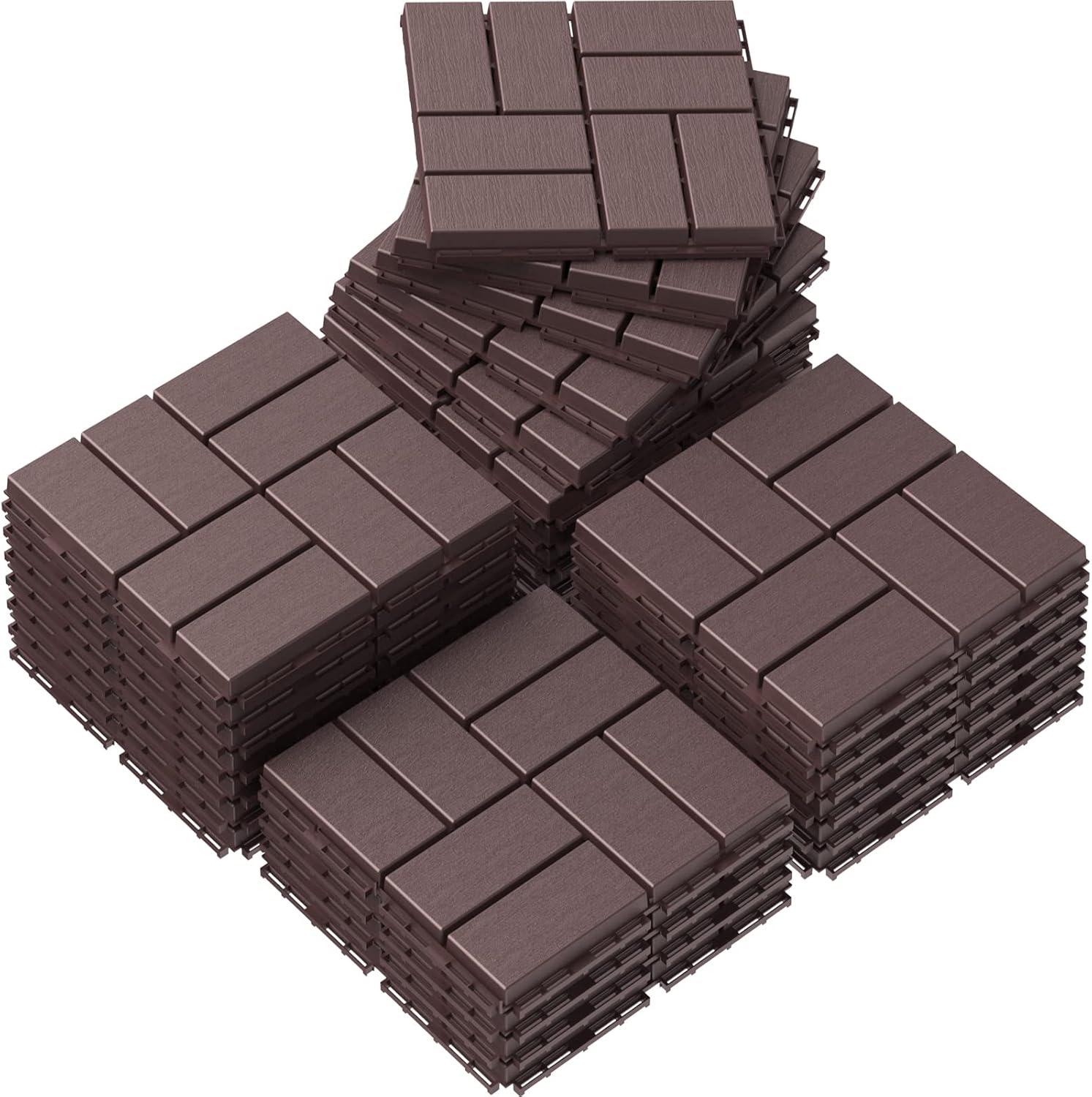 Dark Brown 12"x12" Interlocking Plastic Deck Tiles with Water Protection