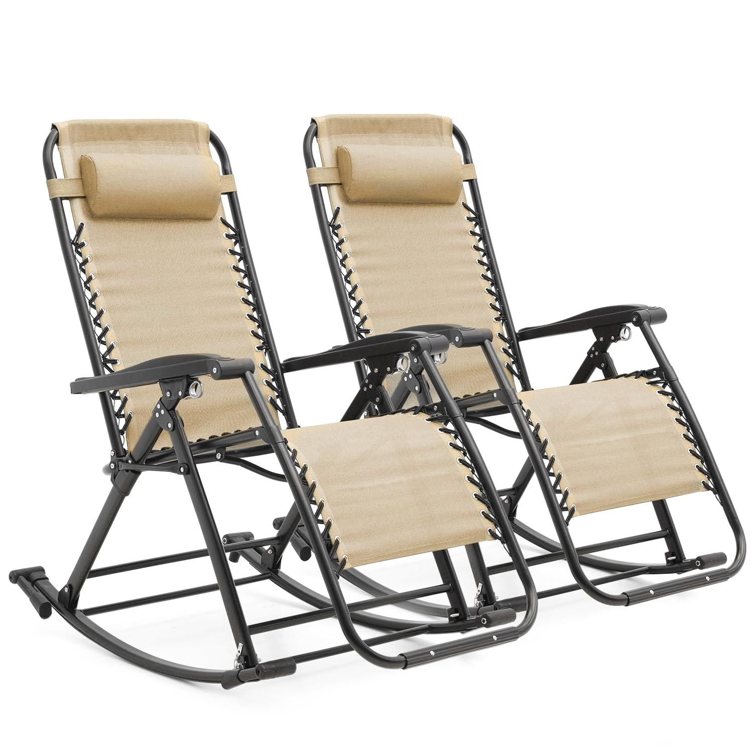 Magshion Set of 2 Zero Gravity Lounge Chairs, Adjustable Rocking Chairs with Pillow, Outdoor Beach Portable Foldable Recliner, Folding Lounge Rocker, Black
