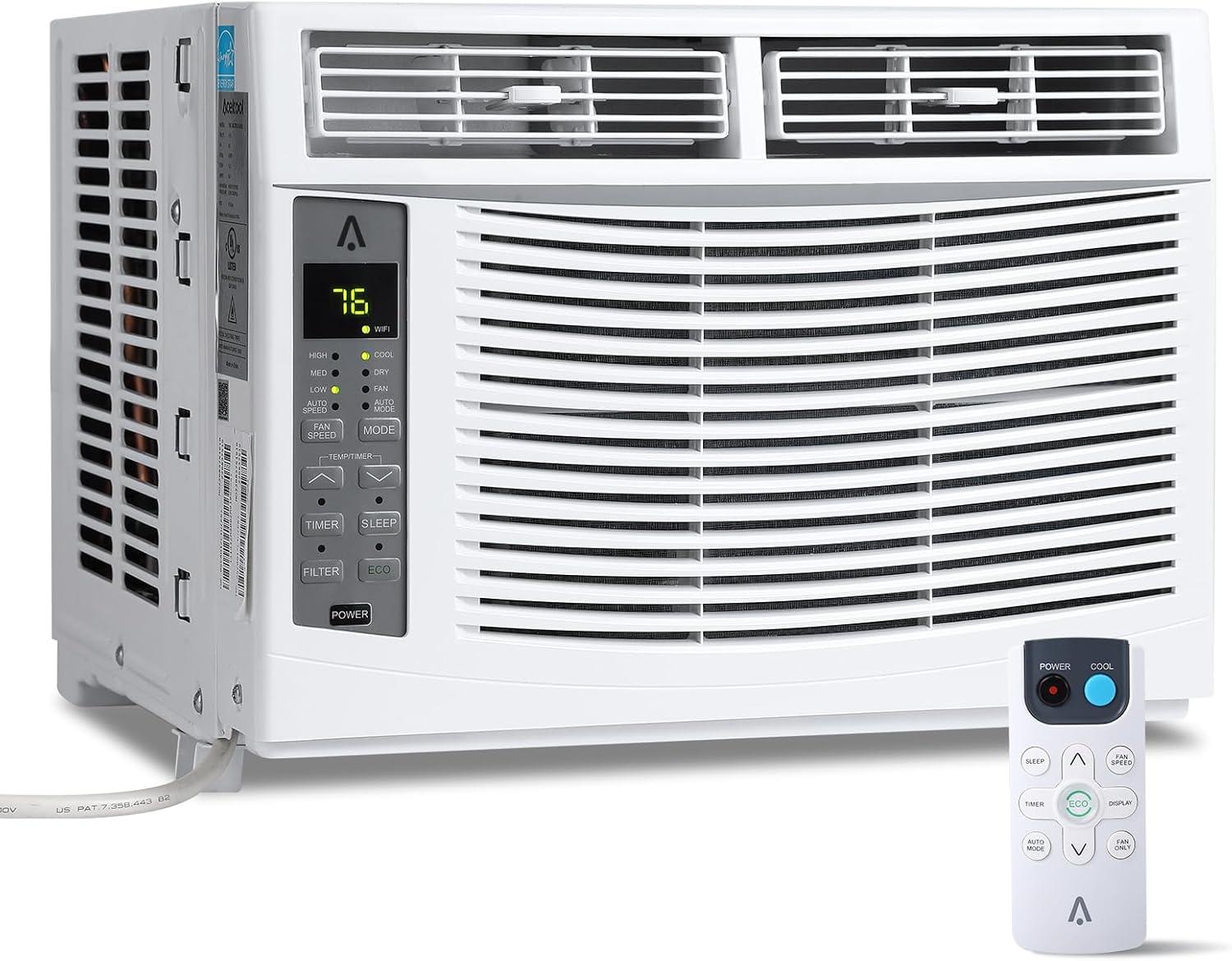 Homhougo 6,000 BTU Window Air Conditioner, 3-in-1 AC Unit (Cooling, Dehumidifying, Fan), Timer, Sleep/ECO Mode, Easy Installation Kit, Cools Rooms Up to 350 Sq.Ft, 115V/60Hz