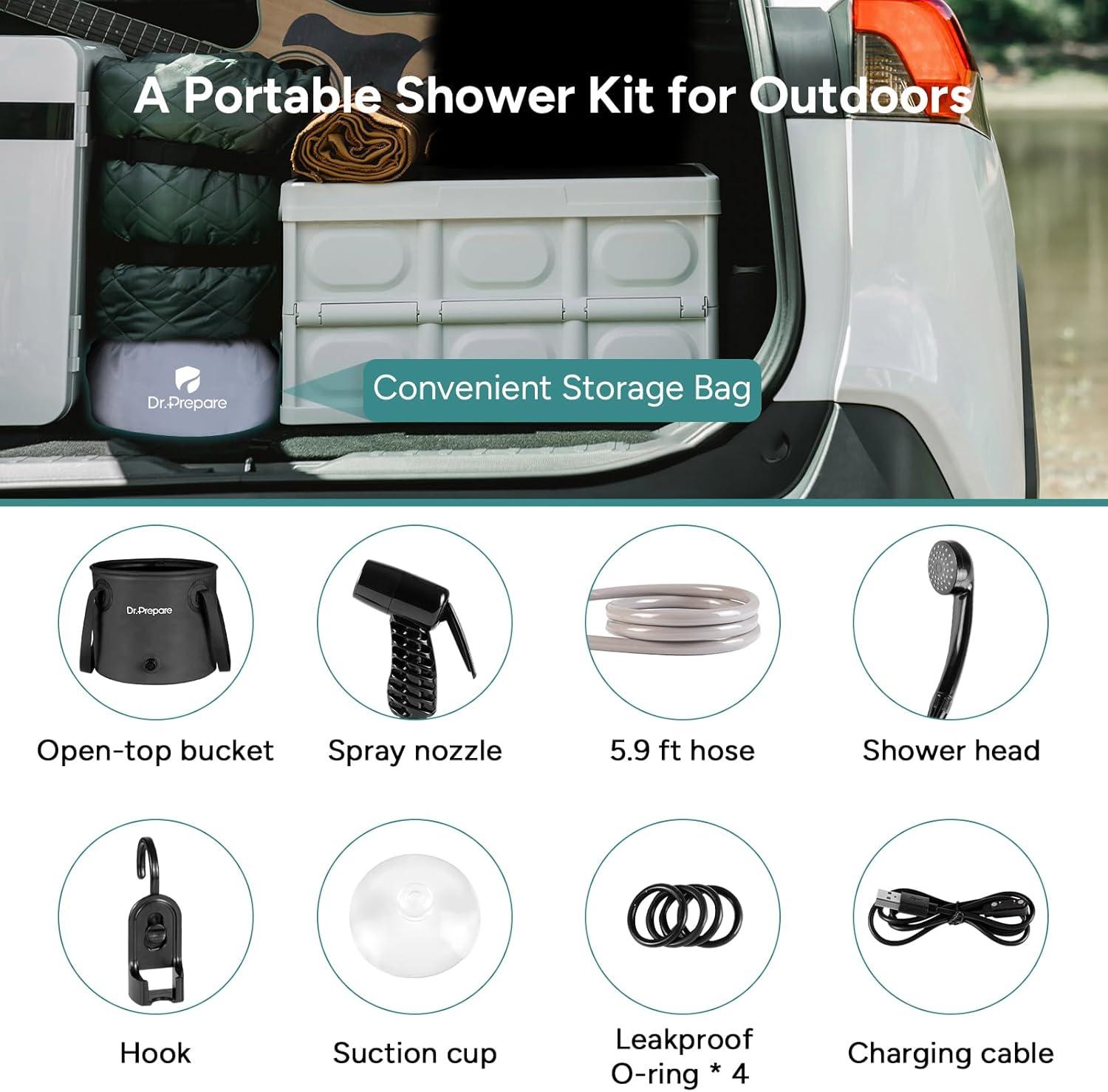DR.PREPARE 4.5 Gallons Portable Camping Shower - 17L Shower with Pump, USB Rechargeable Battery