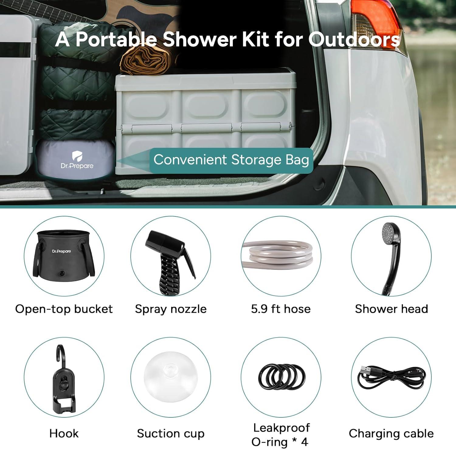 DR.PREPARE 4.5 Gallons Portable Camping Shower - 17L Shower with Pump, USB Rechargeable Battery