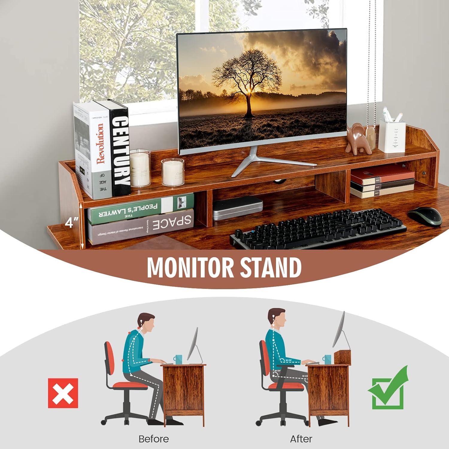 GVN Vintage Computer Desk with Storage Shelves and 4 Drawers-Rustic Brown, Desk for Bedroom, Gaming Computer Desks for Study,Working,Writing