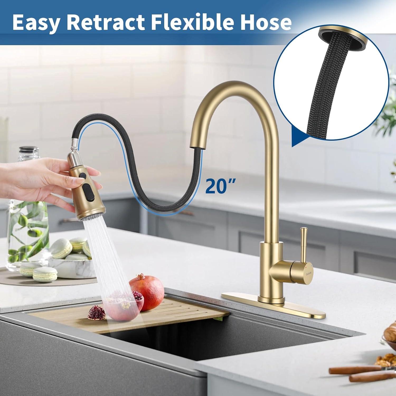 Single Handle Pull Down Sprayer Kitchen Faucet High Arc Stainless Steel Faucet with 3-Function Sprayer