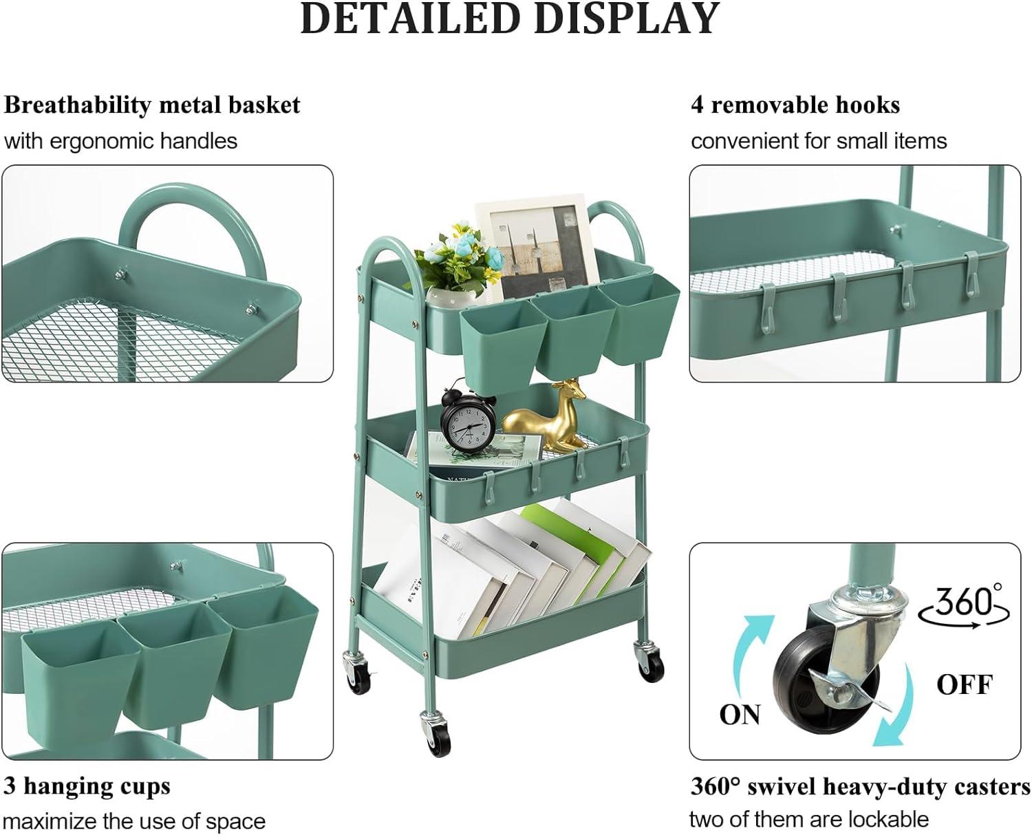 Green Metal 3-Tier Rolling Storage Cart with Lockable Wheels