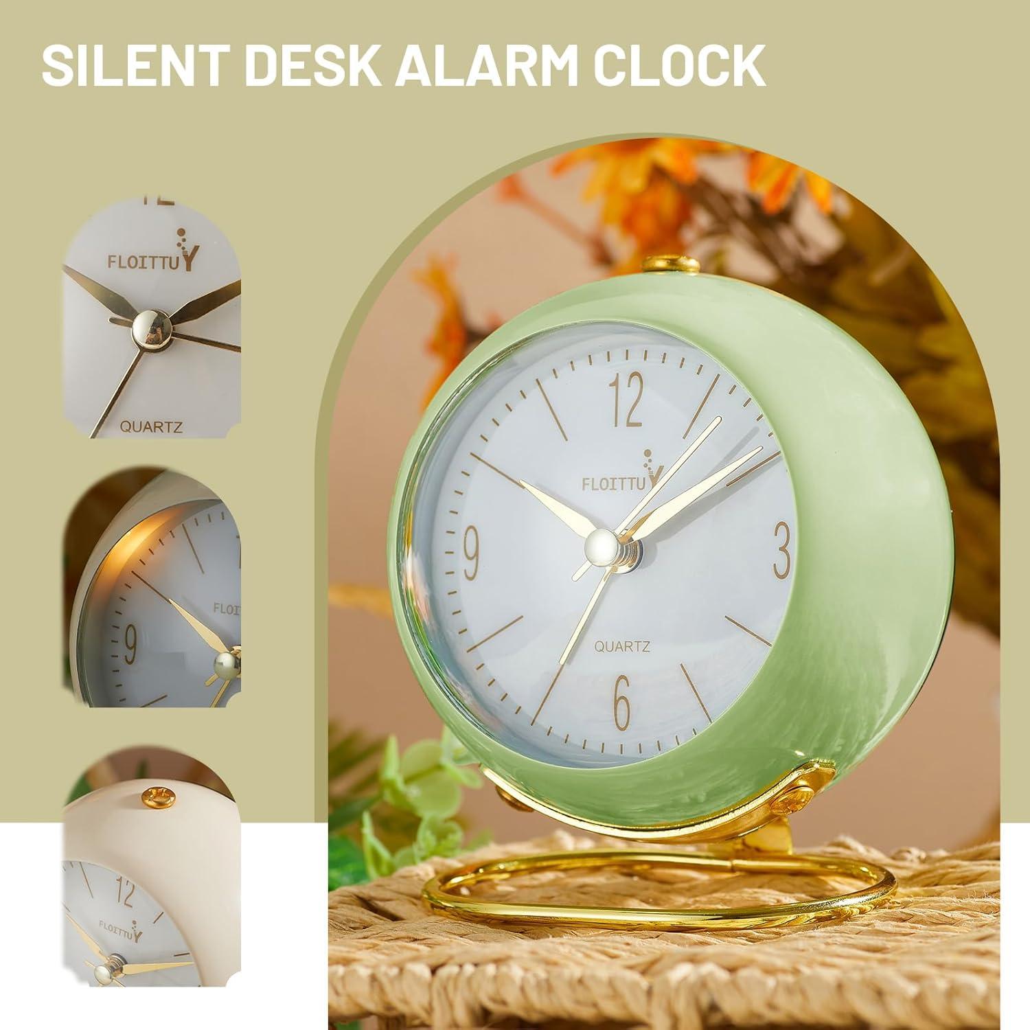 Green and Gold Silent Analog Alarm Clock with Metal Base