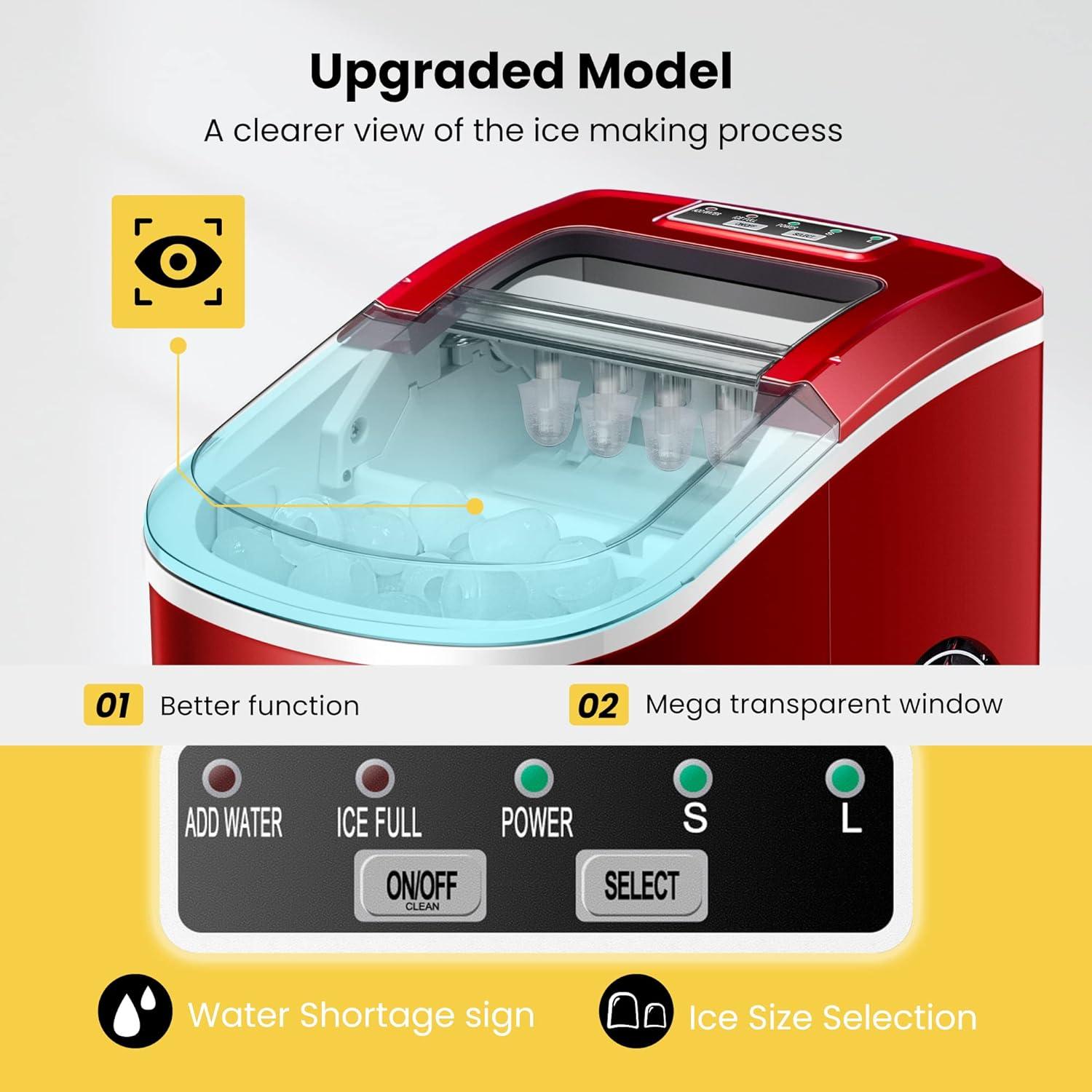 SPECSTAR Countertop Ice Maker 27Lbs/24H, Self-Cleaning Portable Ice Maker Machine with Hand Scoop 10 Ice Bags for Home/Kitchen/Party, Red