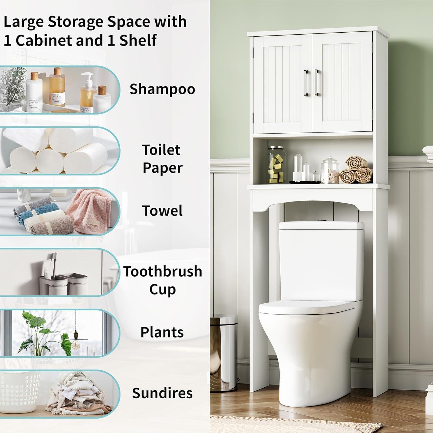 Over The Toilet Storage Cabinet with Double Doors and Anti-Tip Device