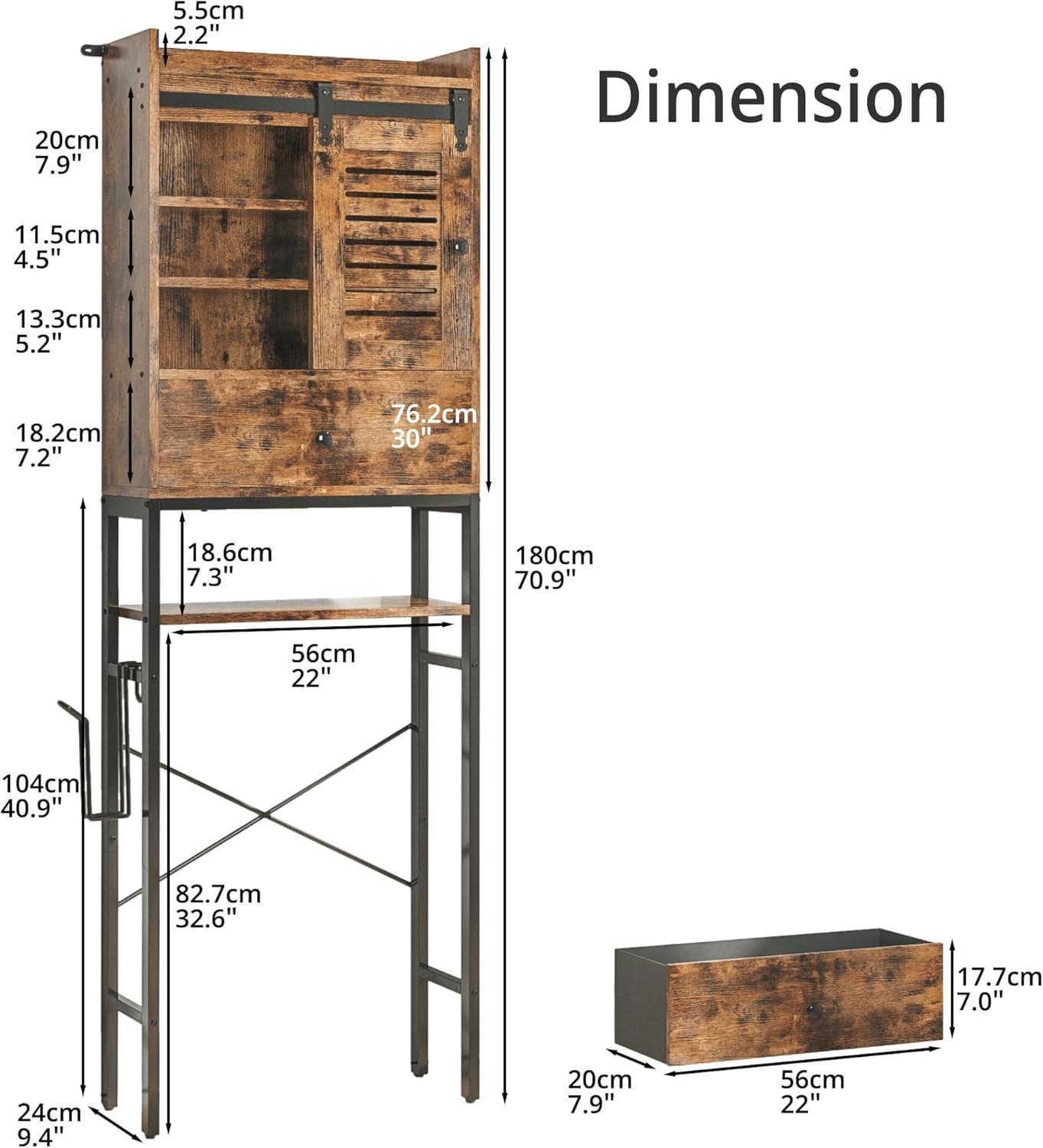 IRONCK Over the Toilet Storage Rack with 6 Tier Shelf, Bathroom Space Saver with Cabinet and Drawer, Vintage Brown