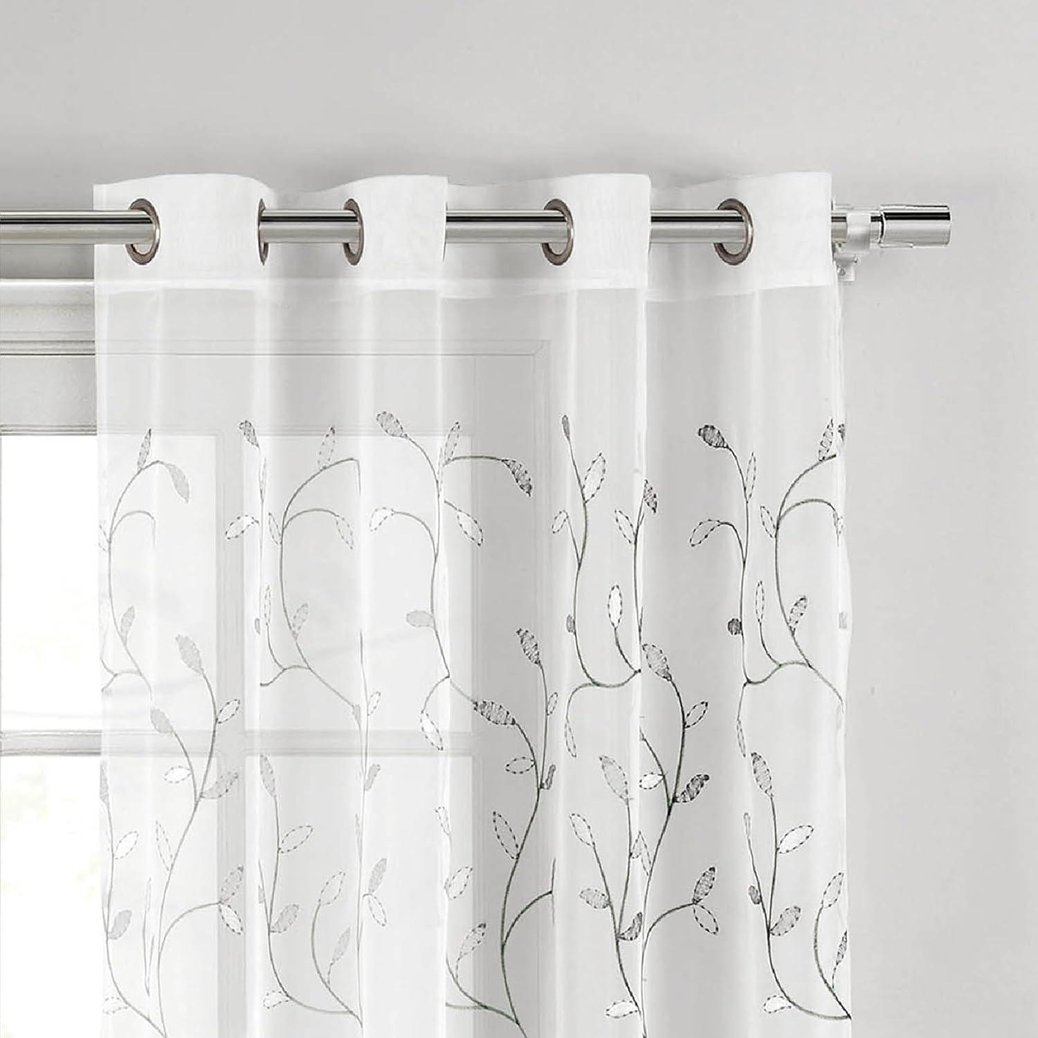 Grommet Curtain Panel, Embroidered Sheer Extra-Wide, Silver 54" x 84"