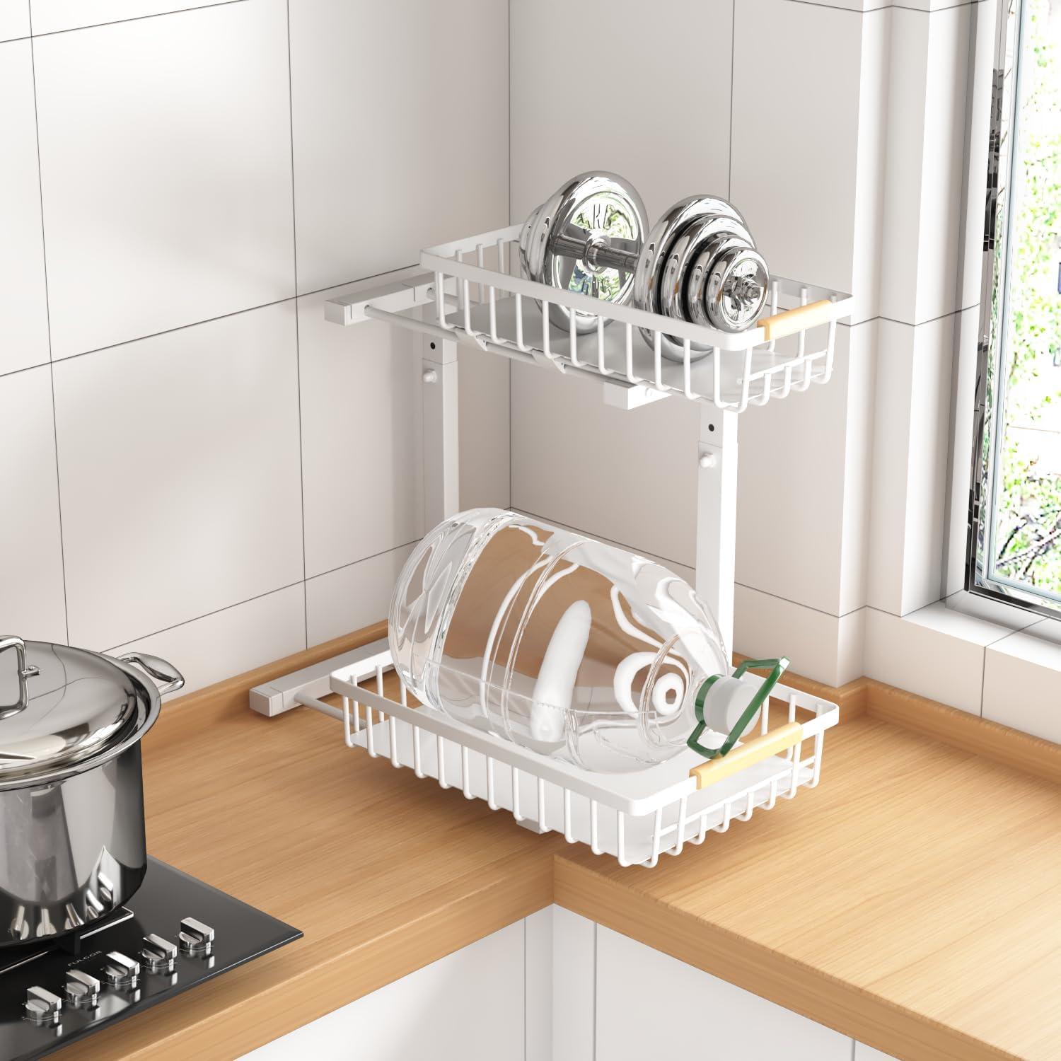 Under Sink Organizers, 2 Pack Metal Pull Out Under Sink Organizers and Storage Shelves with Sliding Drawer, Under Sink Storage for Kitchen, Bathroom, White, 2 Pack…