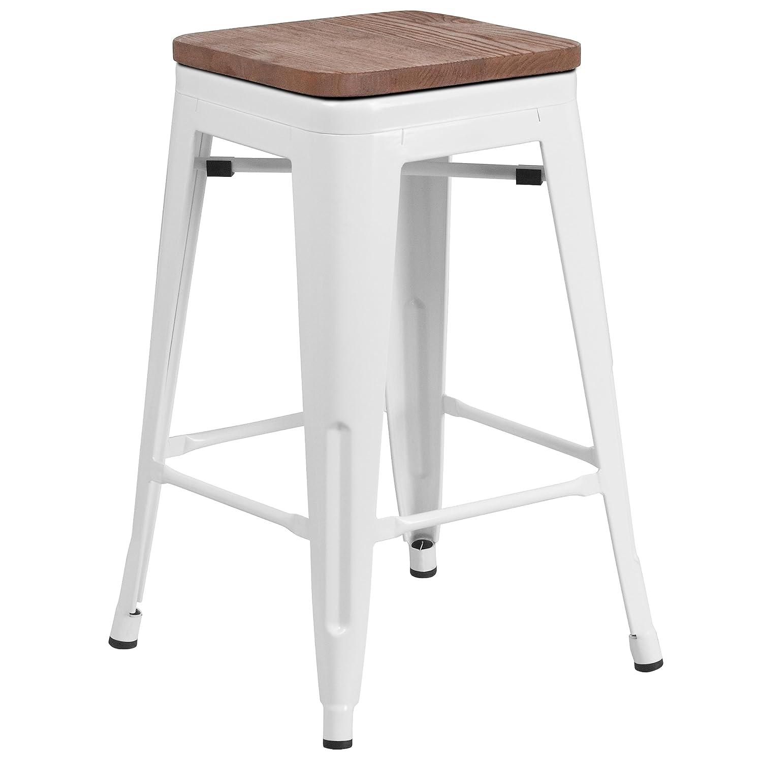 Flash Furniture Margherite 30" High Backless Metal Barstool with Square Wood Seat
