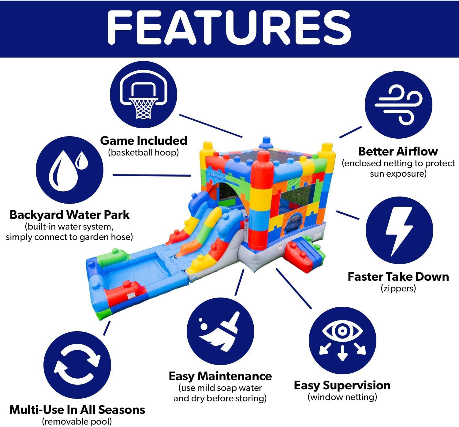 HeroKiddo Block Party Inflatable Water Slide Lightweight Premium Bounce House Combo with Detachable Pool with Air Blower Commercial Grade for Kids and Adults Basketball Hoop Outdoor Backyard Wet Dry