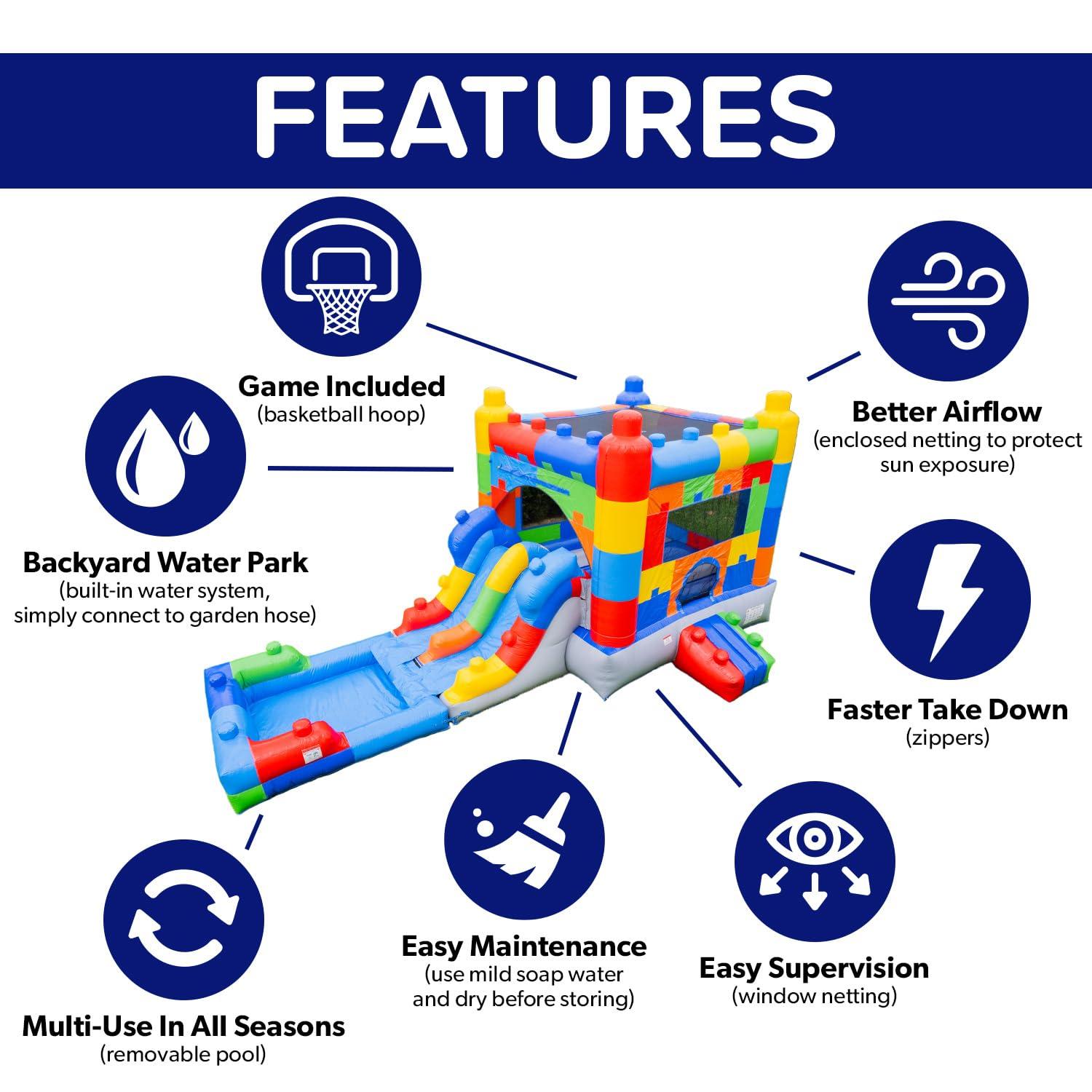 HeroKiddo Block Party Inflatable Water Slide Lightweight Premium Bounce House Combo with Detachable Pool with Air Blower Commercial Grade for Kids and Adults Basketball Hoop Outdoor Backyard Wet Dry