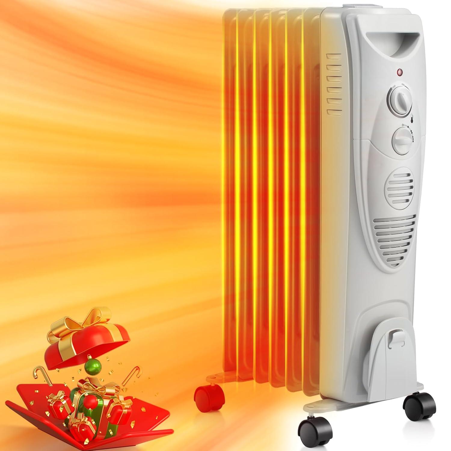 ZAFRO Oil Filled Radiator Heater, 1500W Portable Space Heater with Adjustable Thermostat, Oil Heater with 3 Heat Settings, with Tip-Over & Overheat Protection for Indoor, Room, Office and Home Grey