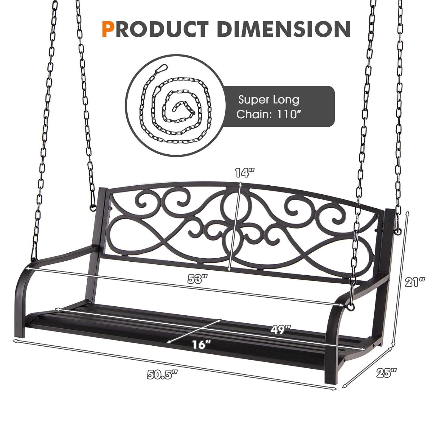 Resenkos Porch Swing, 2-Person Outdoor Porch Metal Hanging Swing Chair with Sturdy Chains-Brown, Hanging Outdoor Porch Swings for Garden, Backyard