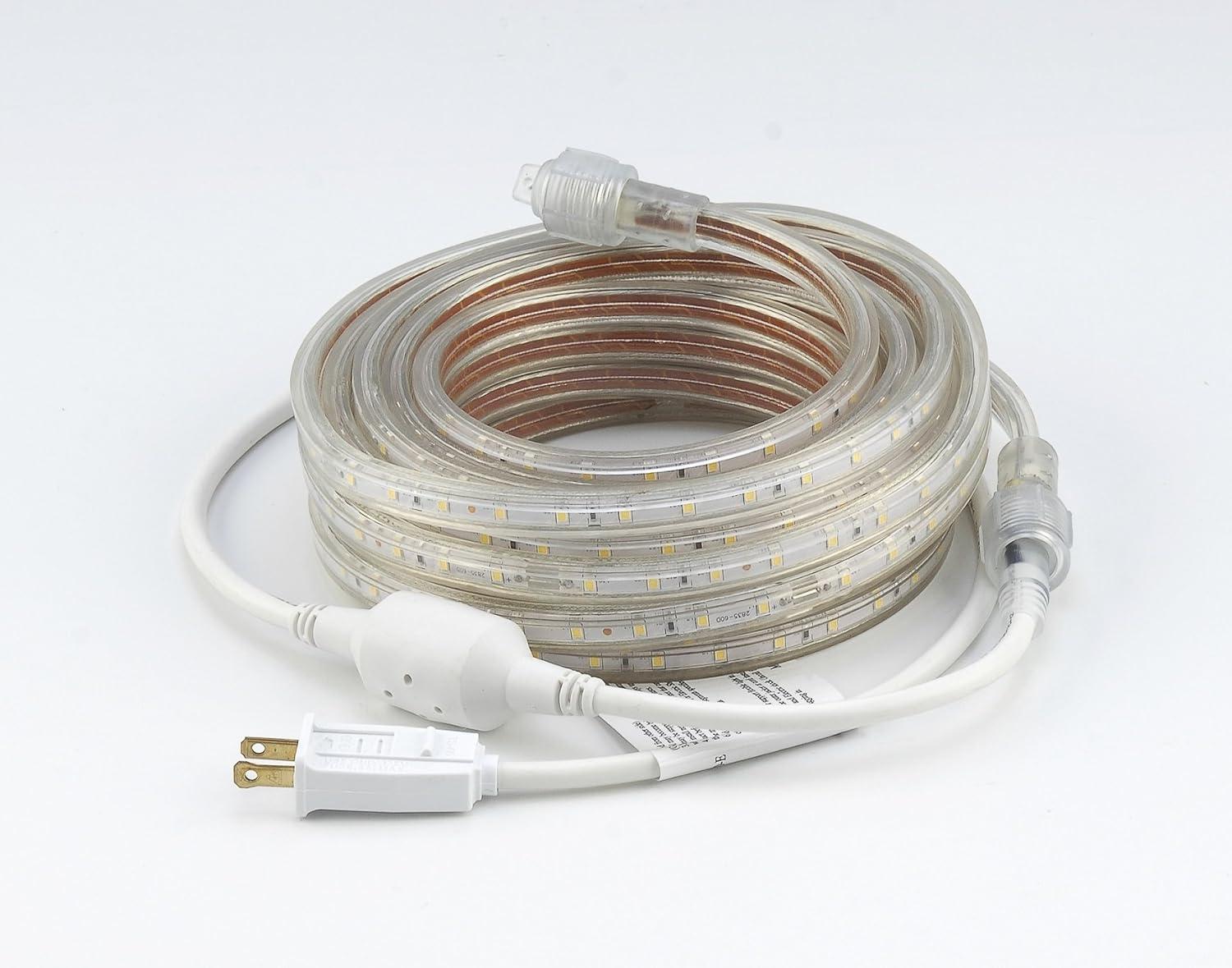 CBConcept UL Listed, 50 Feet, 5500 Lumen, 3000K Warm White, Dimmable, 110-120V AC Flexible Flat LED Strip Rope Light, 930 Units 3528 SMD LEDs, Indoor/Outdoor Use, Accessories Included, [Ready to use]