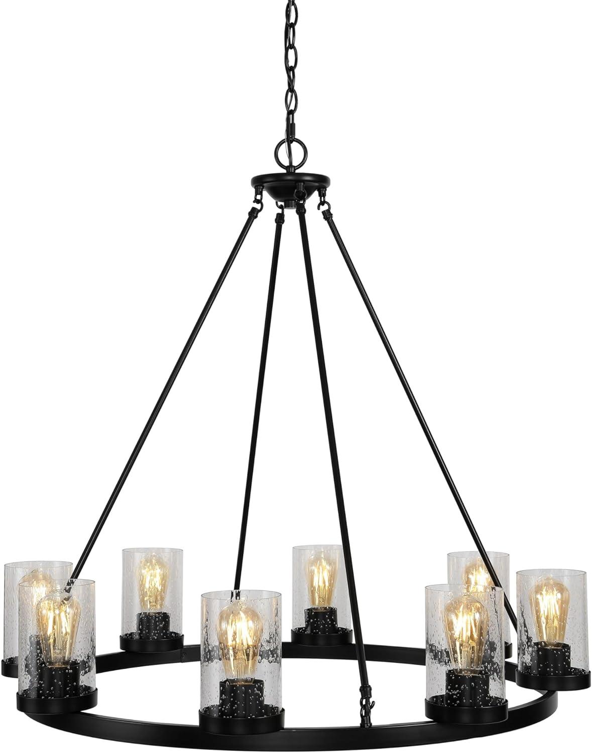 JONATHAN Y JYL7554A Coronet 33.5" 8-Light Iron/Seeded Glass Rustic Farmhouse Round LED Chandelier, Industrial, Vintage for living room, dinning room, bedroom Bulb Included, Oil Rubbed Bronze