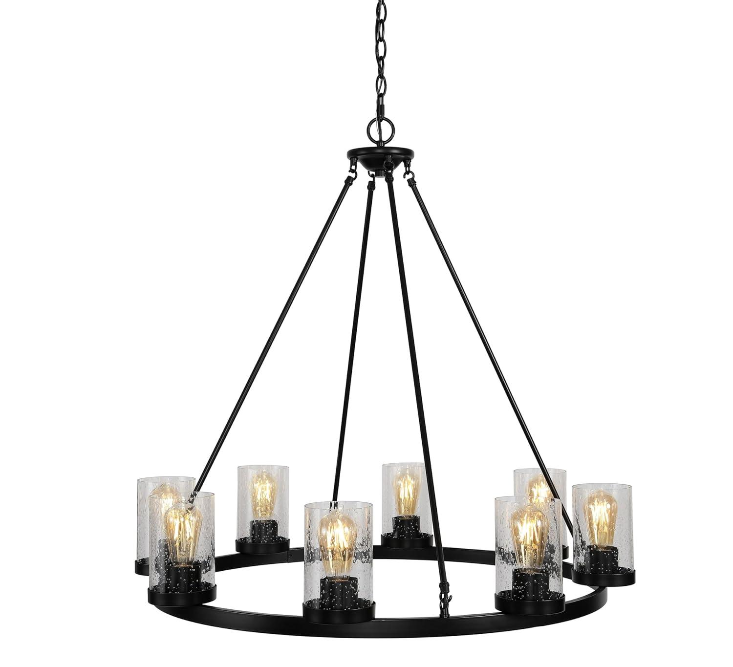JONATHAN Y JYL7554A Coronet 33.5" 8-Light Iron/Seeded Glass Rustic Farmhouse Round LED Chandelier, Industrial, Vintage for living room, dinning room, bedroom Bulb Included, Oil Rubbed Bronze