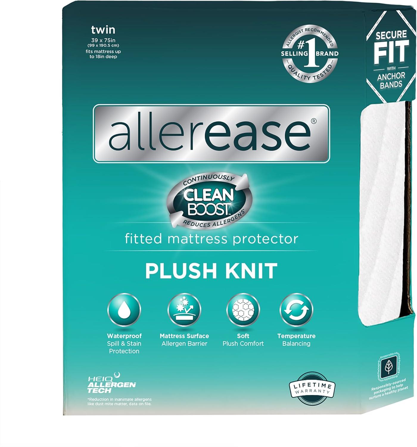 Allerease Clean Boost Plush Knit Fitted Mattress Protector, Twin