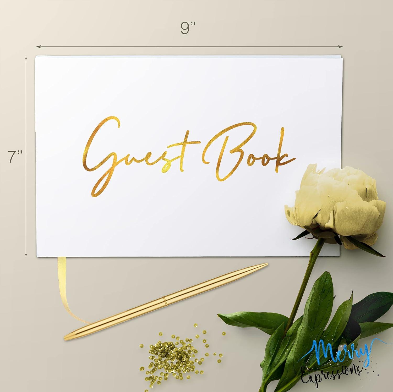 Merry Expressions Gold Guest Book & Pen - 9"x7" Hardcover White Polaroid Book 100 Page/50 Sheets - F Gilded Edges for Guests & Visitors to Sign at a Wedding, Party, Baby or Bridal Shower