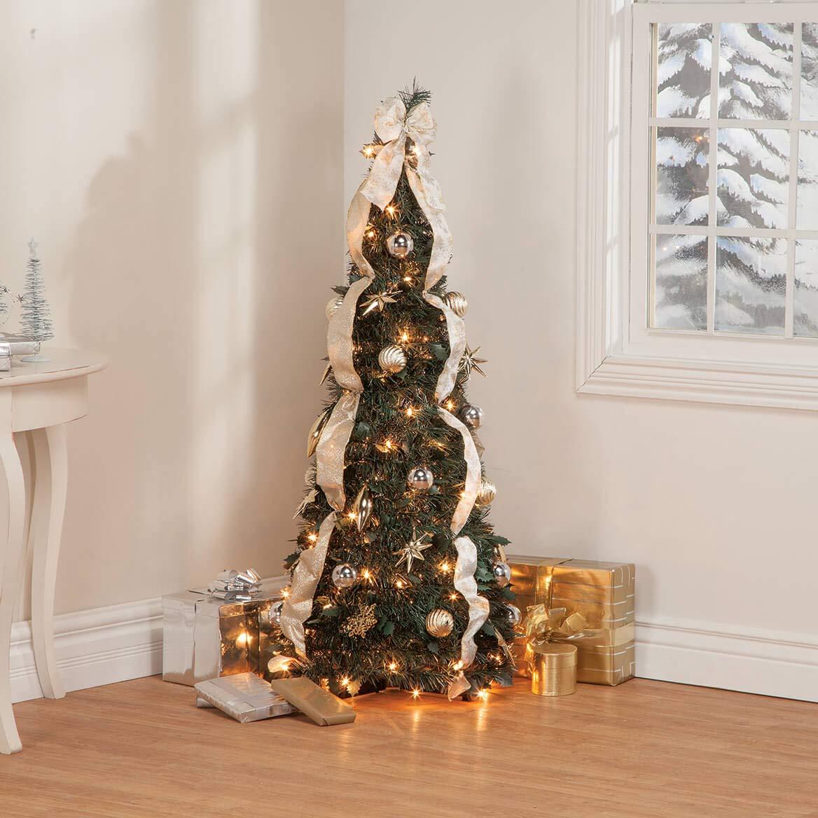 4' Silver & Gold Pull-Up Christmas Tree by Holiday Peak, Pre-Lit and Fully Decorated, Collapses for Easy Storage
