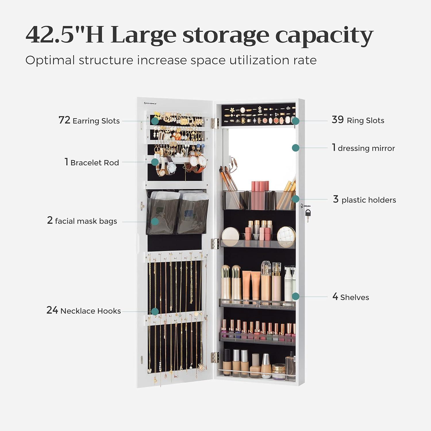 SONGMICS Jewelry Armoires Wall/Door Mount Jewelry Storage Cabinet Organizer Box Full-Length Mirror with Built-in Small Mirror Jewelry Shelves Gift White