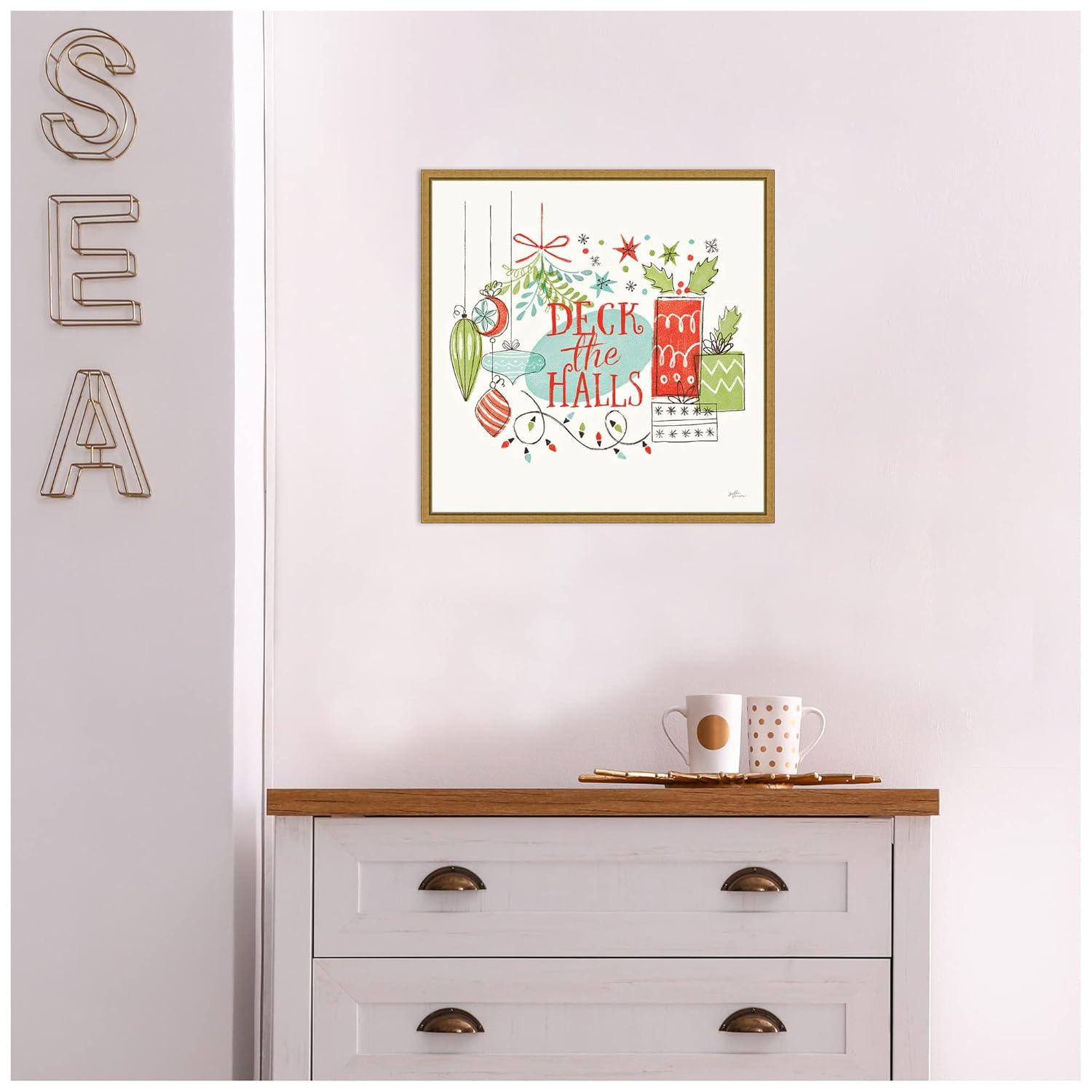 16" x 16" Deck the Halls Christmas Holly by Janelle Penner Framed Canvas Wall Art - Amanti Art