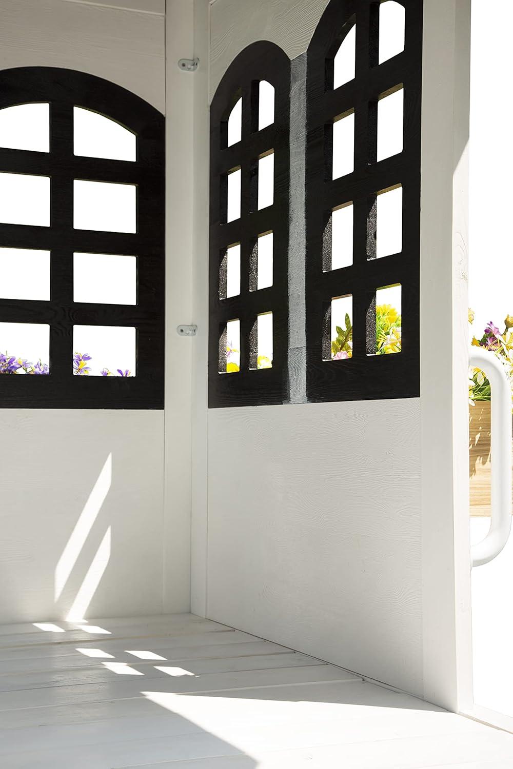 2MamaBees Reign Two Story Playhouse | Black & White Farmhouse Design with Kitchen and Garden