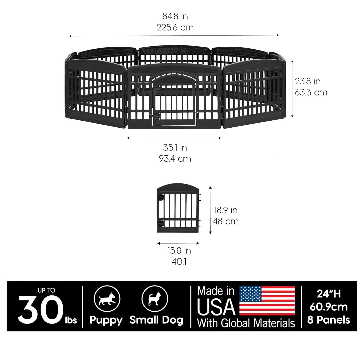 IRIS USA 24" Exercise 8-Panel Pet Playpen with Door, Dog Cat Playpen, Puppy Playpen, Black