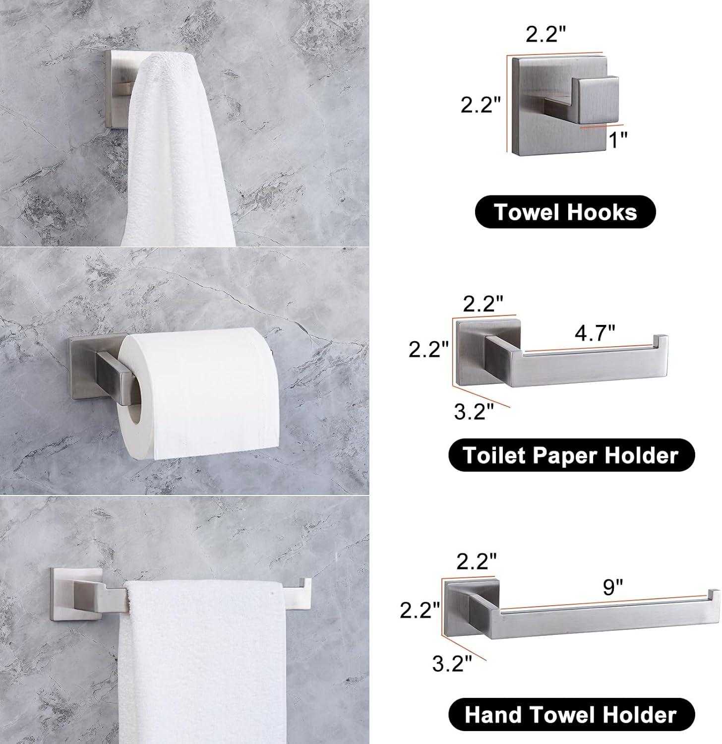 Bathroom Hardware Accessories Set Matte Black,5-Piece Black Towel Bar Set 16" Wall Mounted Towel Holder Stainless Steel-Includes Towel Bar,Robe Towel Hooks,Toilet Paper