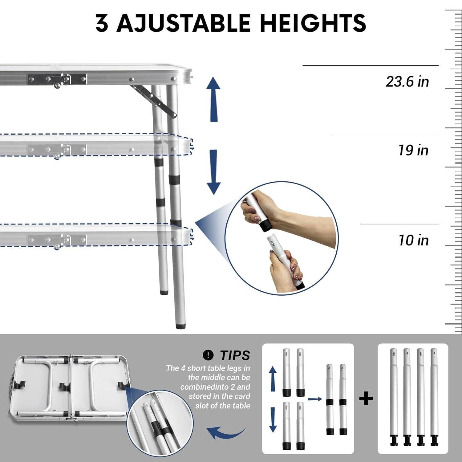 Small Folding Table 2FT Lightweight Portable Aluminum Camping Table for Picnic and Camping Mini Foldable with Adjustable Extended Height,Silver