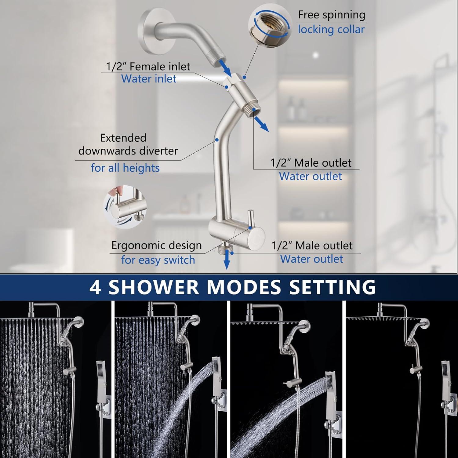 PDPBath All Metal 12'' Rainfall Shower Head with Handheld Combo, Upgrade 3-Way Diverter with Pause Setting, High Pressure Rain Shower Head with Z-shaped Extension Arm, 59" Hose, Brushed Nickel