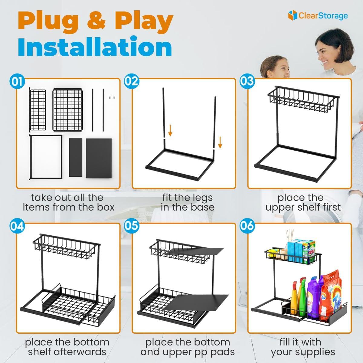 Under Sink Organizers and Storage, 2 Tier, L Shaped, Pull out sliding, Adjustable Under Sink Organizer for Kitchen Bathroom Cabinet Counter Organizer with Non-Slip Feet undersink organizer (BLACK)