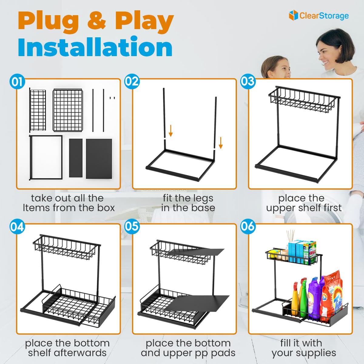 Under Sink Organizers and Storage, 2 Tier, L Shaped, Pull out sliding, Adjustable Under Sink Organizer for Kitchen Bathroom Cabinet Counter Organizer with Non-Slip Feet undersink organizer (BLACK)