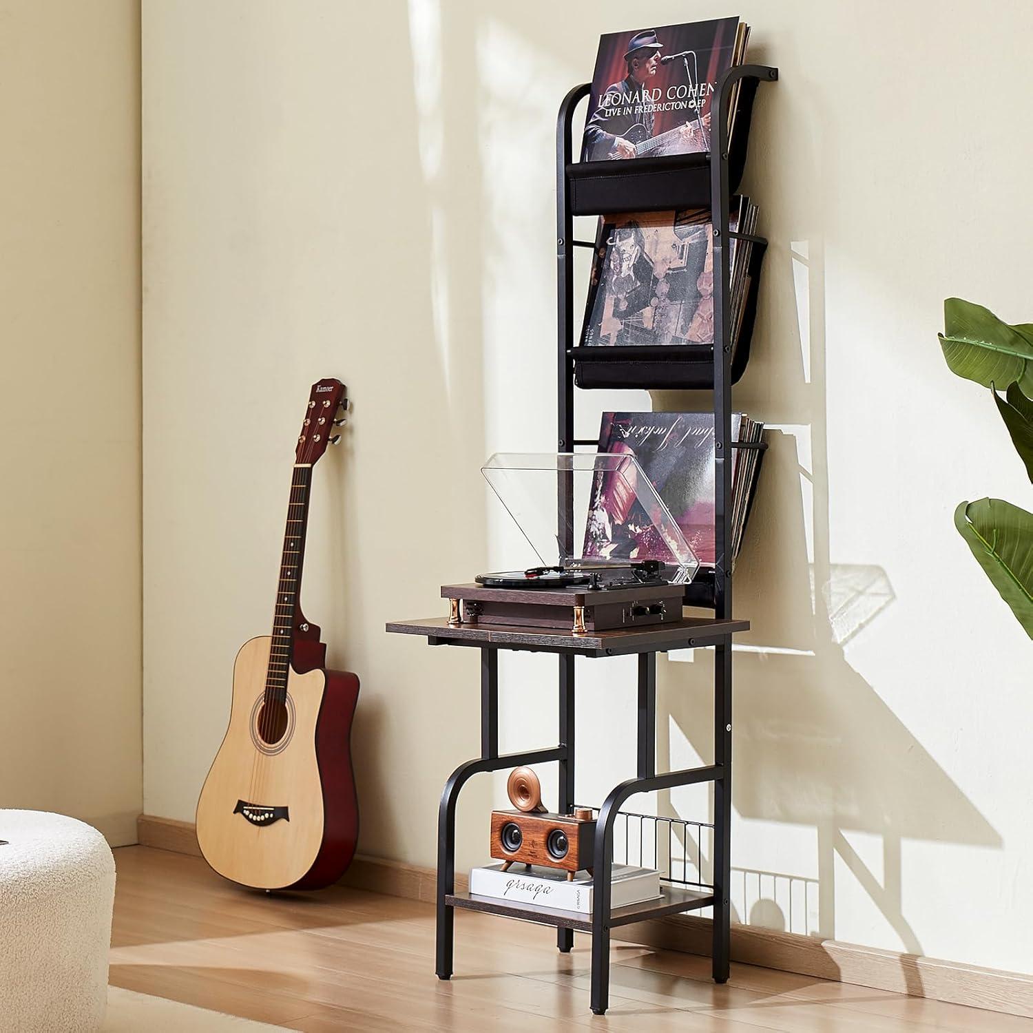 17 Stories 5 Tiers Record Player with LED Light & USB Ports Vinyl Shelf Black