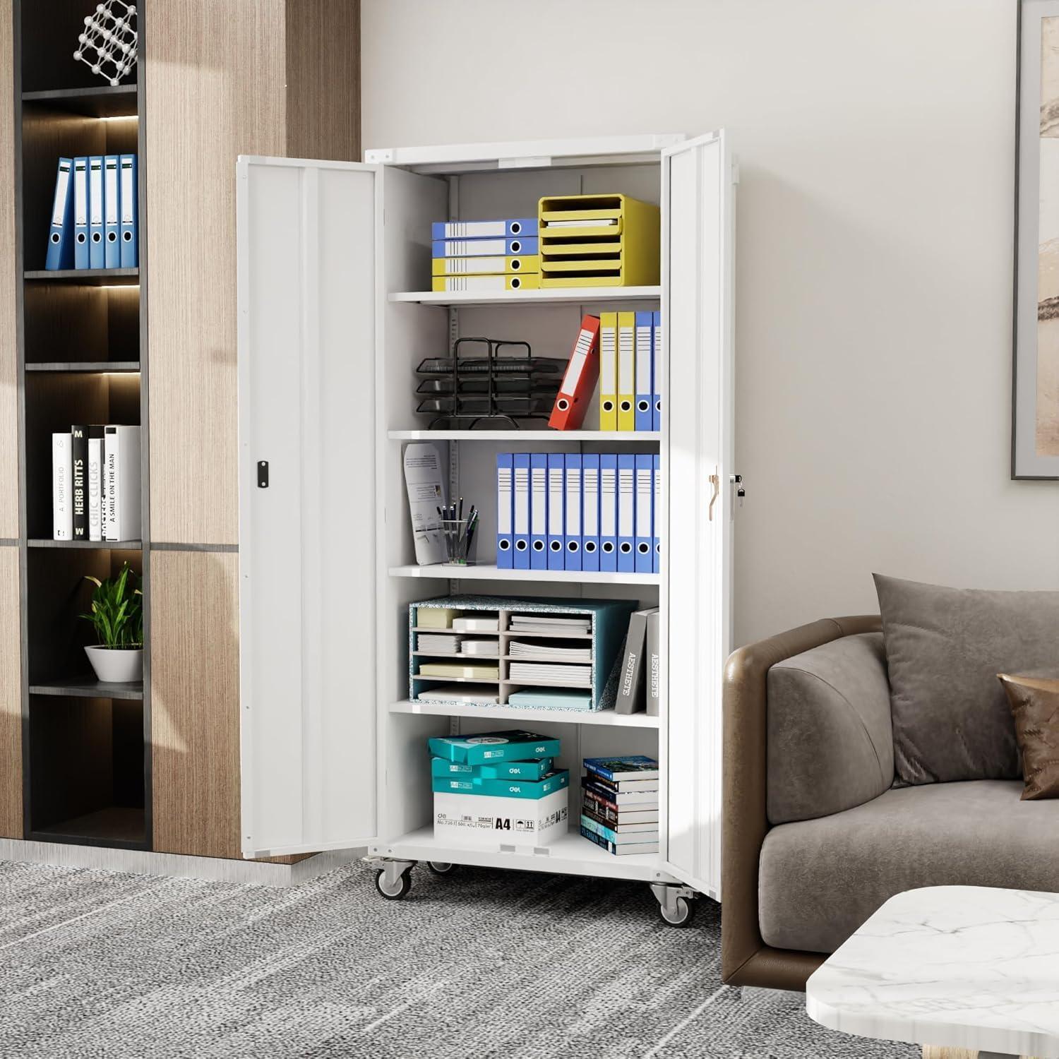 Aobabo Metal Storage Cabinet with Lock,Office Storage Cabinet with Wheels,72In Steel Storage Cabinet for Office Home Storage, White Required-Assembly