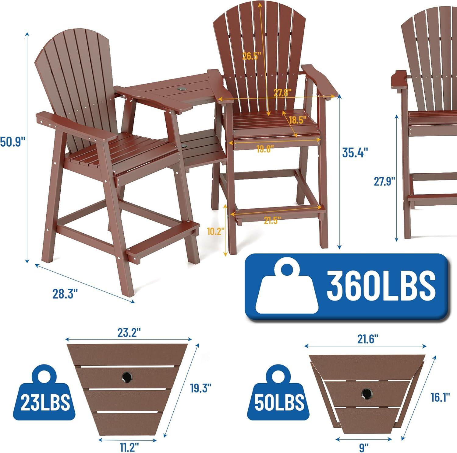JUSTLET Tall Plastic Adirondack Chair Set of 2 W/ Outdoor Barstools and Connecting Tray, Brown