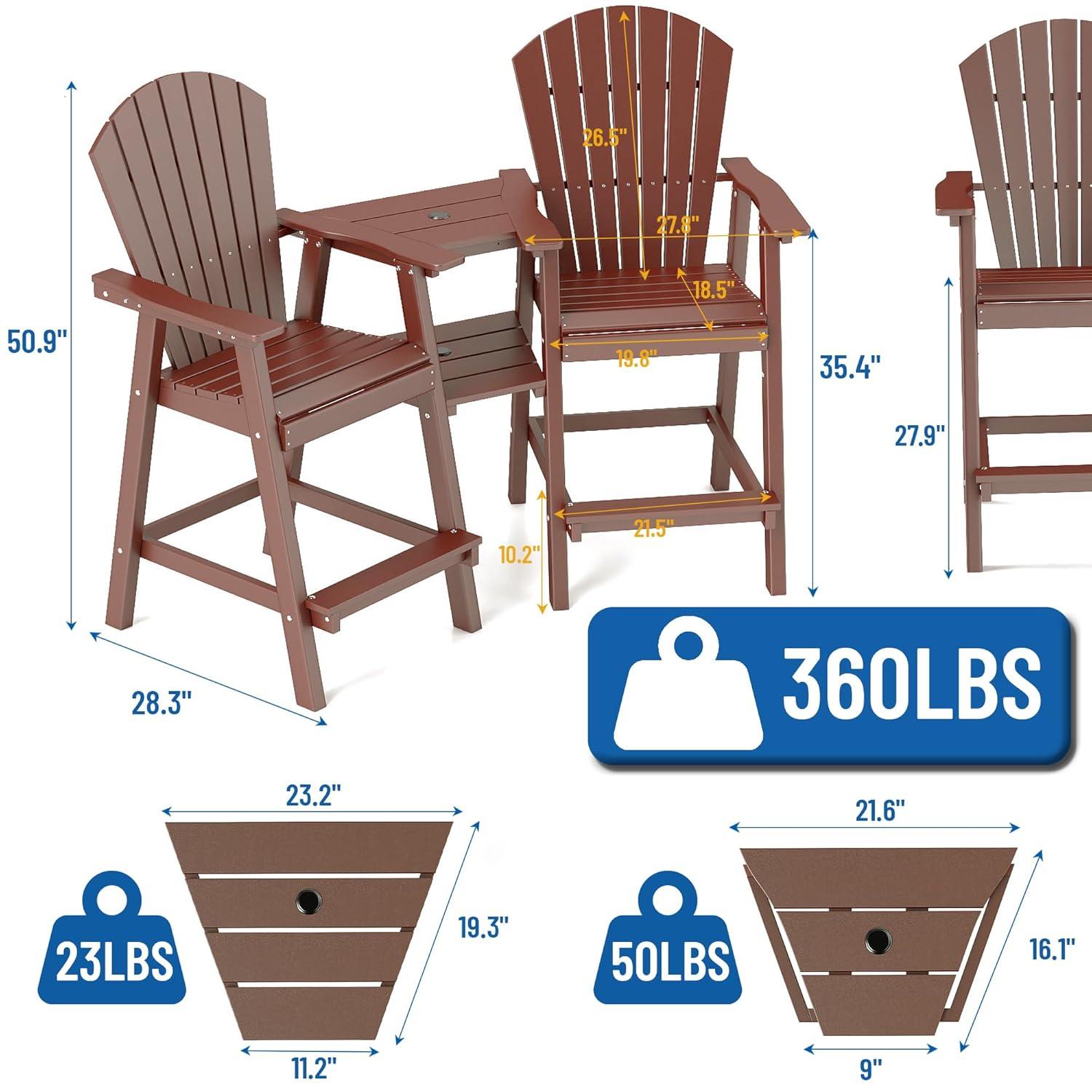 JUSTLET Tall Plastic Adirondack Chair Set of 2 W/ Outdoor Barstools and Connecting Tray, Brown